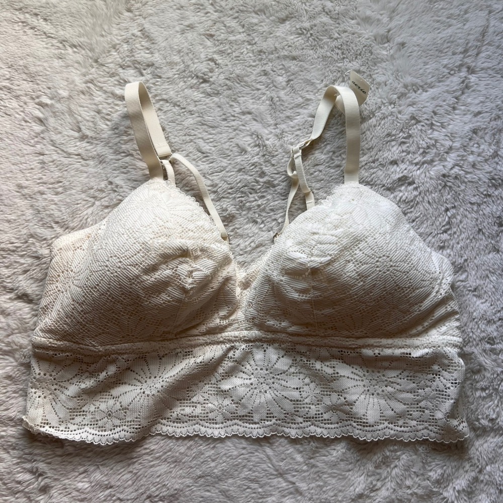 Aerie Cream Floral Lace Longline Bralette V-Neck Adjustable Straps 3358-125 XL